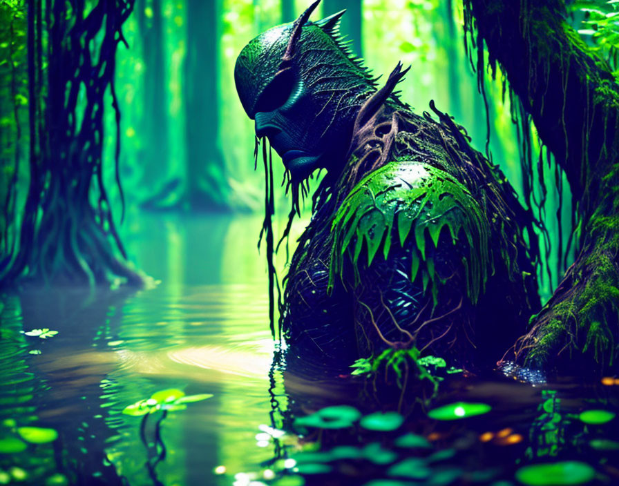 Mysterious figure in bird-like mask in lush swampy forest