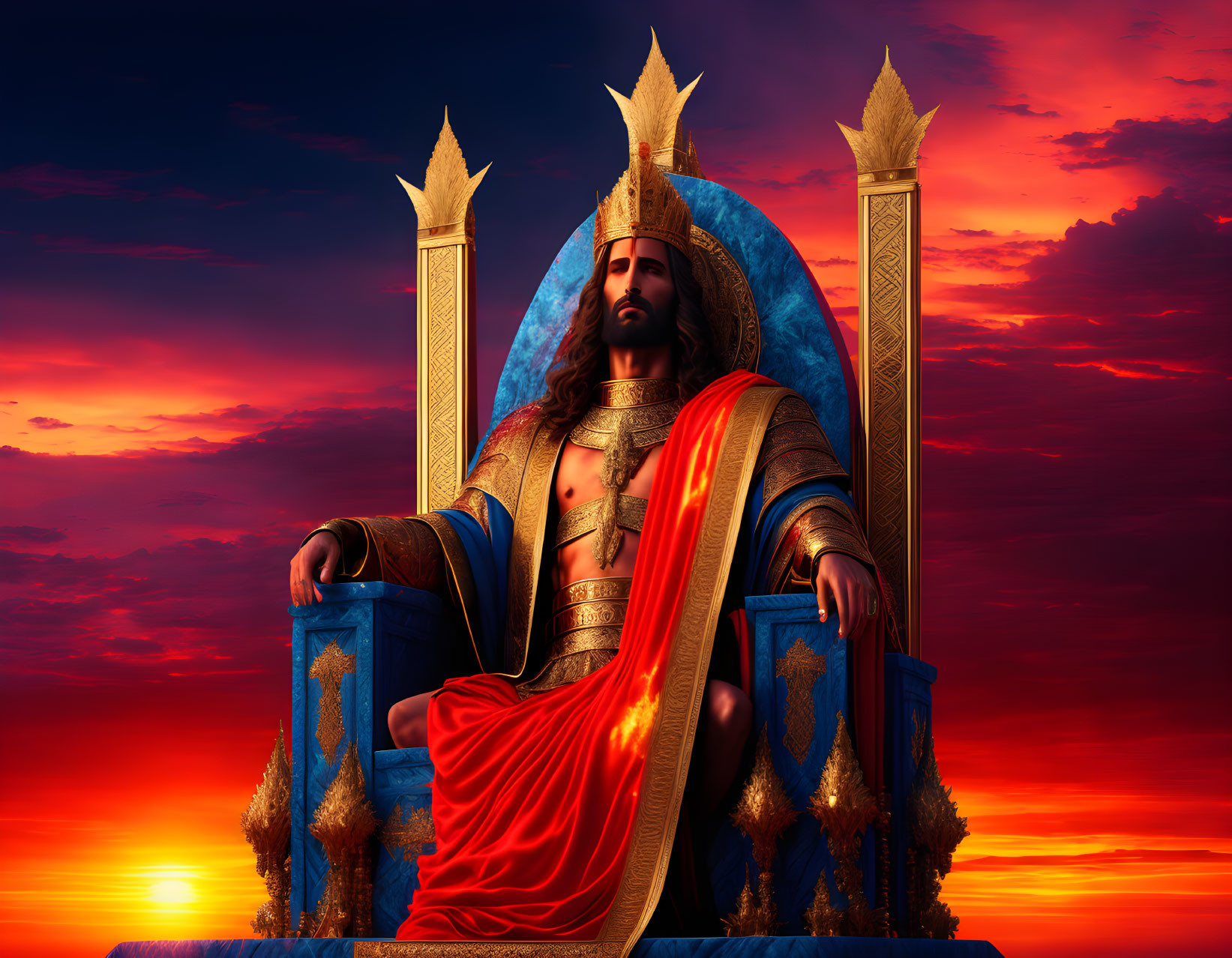 Regal king in armor on throne at sunset