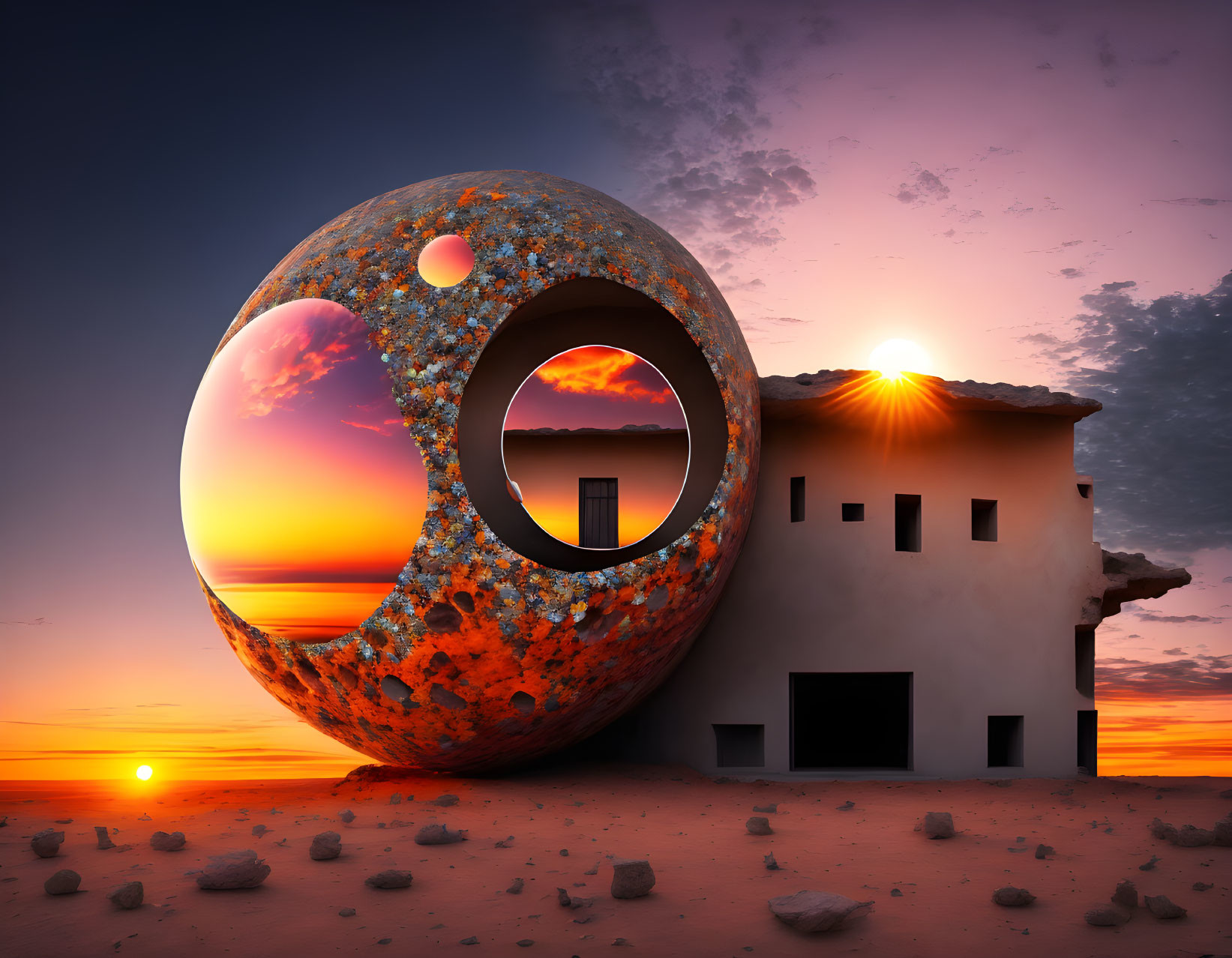 Rusty Möbius Strip Floating Above Desert House at Sunset