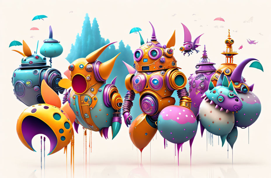 Whimsical robotic creatures on pastel background with floating elements