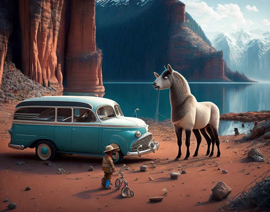 Child in cowboy hat walks llama near vintage teal station wagon in surreal landscape.