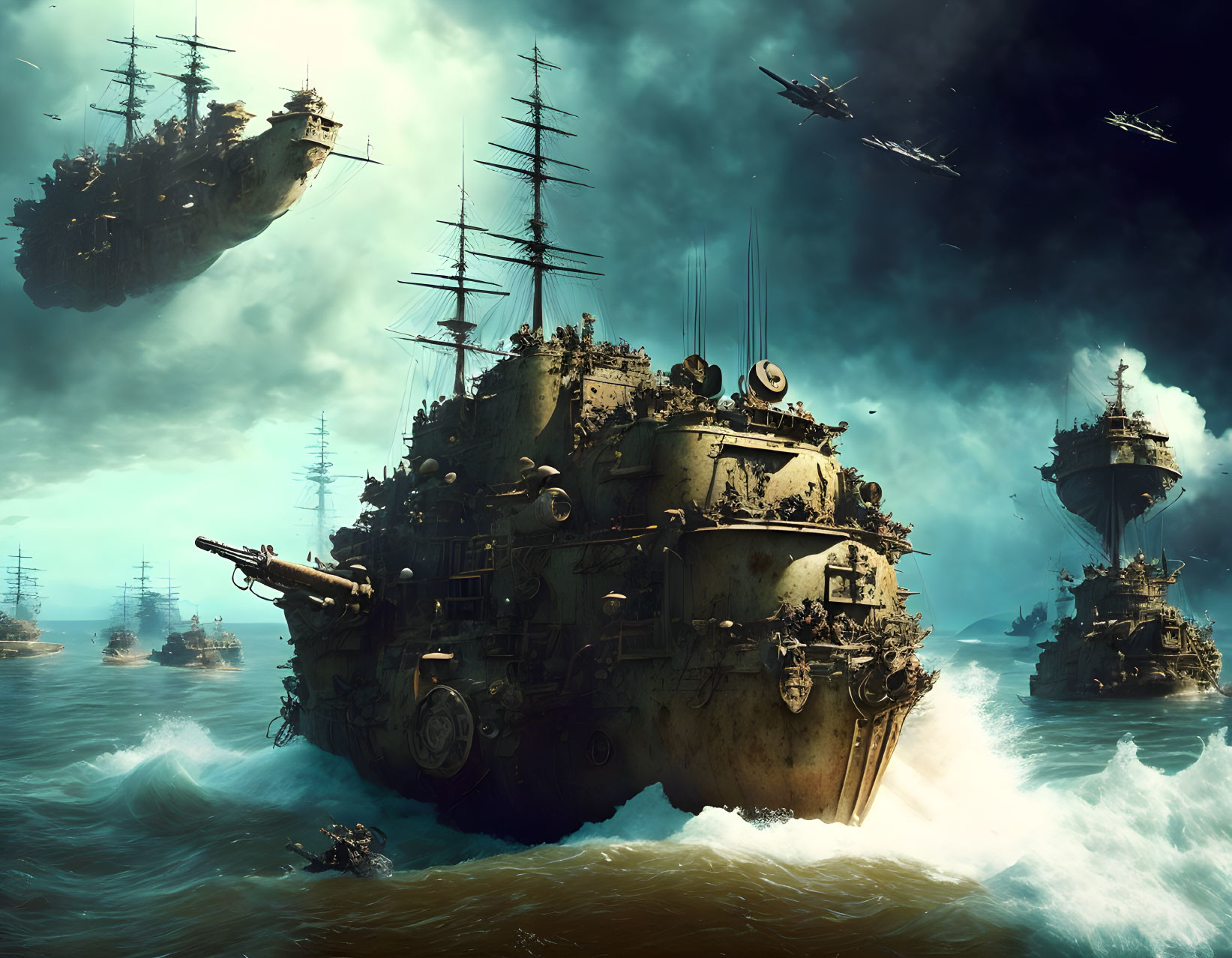 Fantasy fleet of steampunk floating ships in misty seas with dramatic sky.