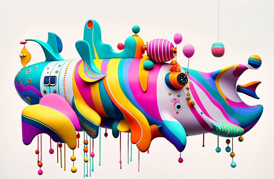 Colorful Abstract 3D Art: Whimsical Fish Creature with Patterns and Baubles