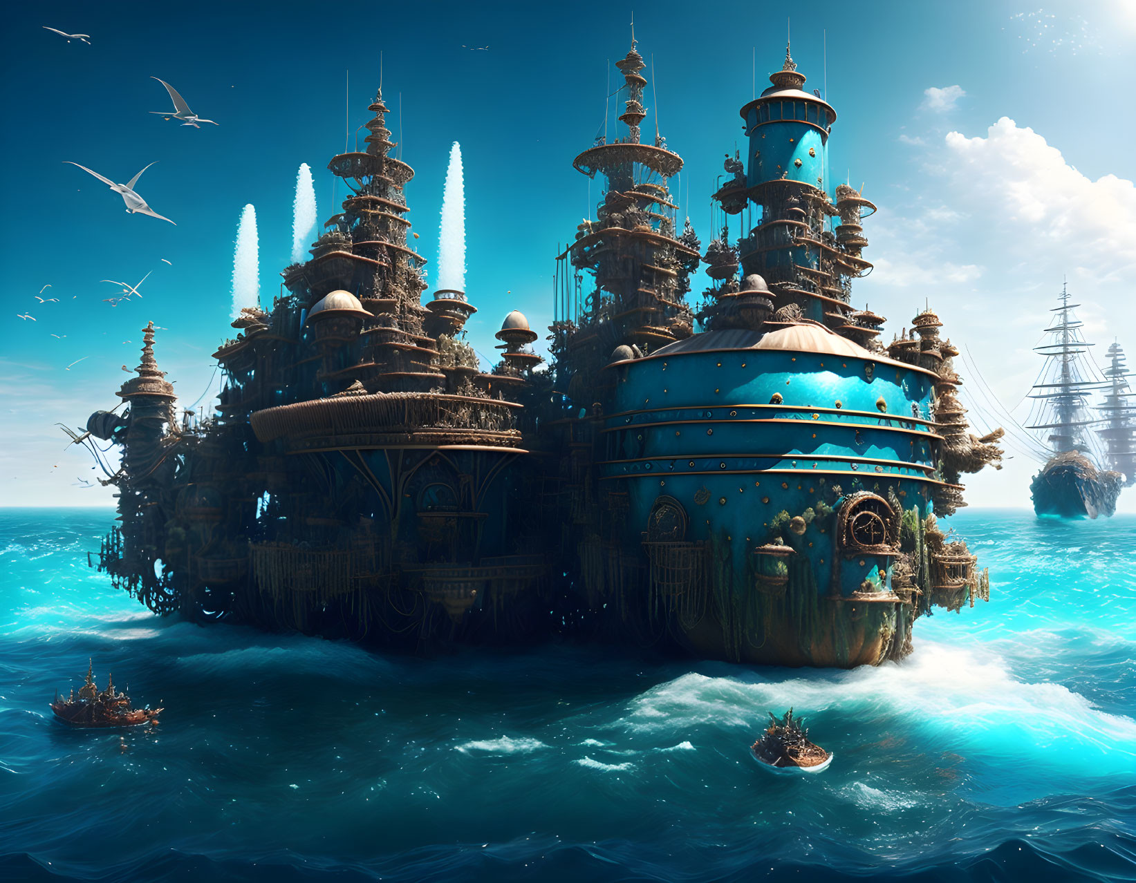 Steampunk-style city on a ship with ornate towers and domes in a clear blue ocean