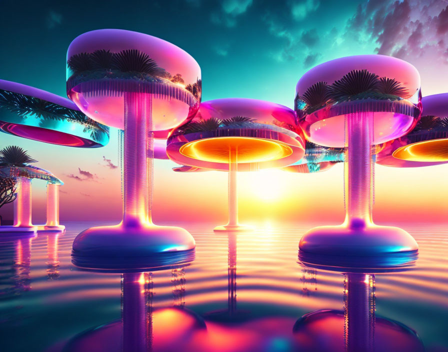 Neon-lit mushroom structures on water at sunset