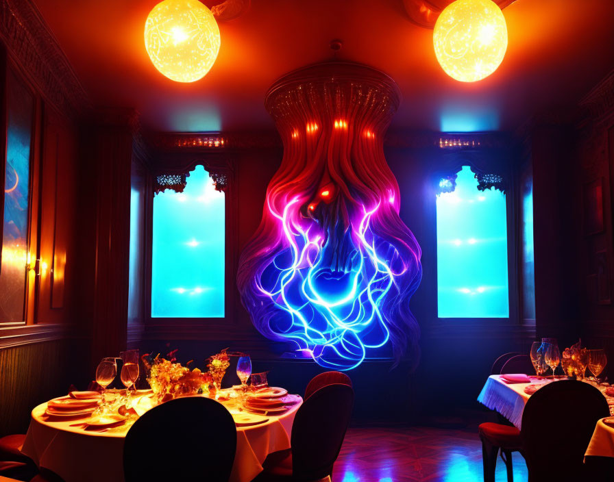 Vibrant neon blue and purple art in elegant dining room