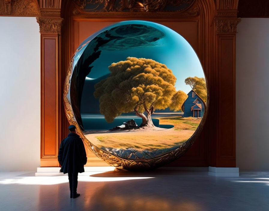 Surreal landscape artwork featuring tree, stream, and house in ornate room