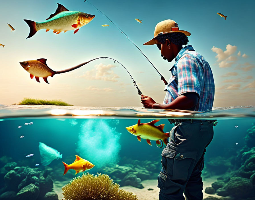 Man fishing with flying fish and vibrant underwater scene