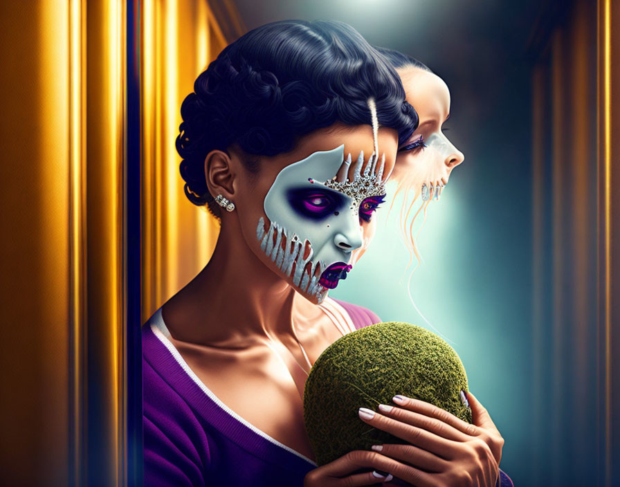 Dual-Faced Woman Holding Melon with Colorful Skull Design