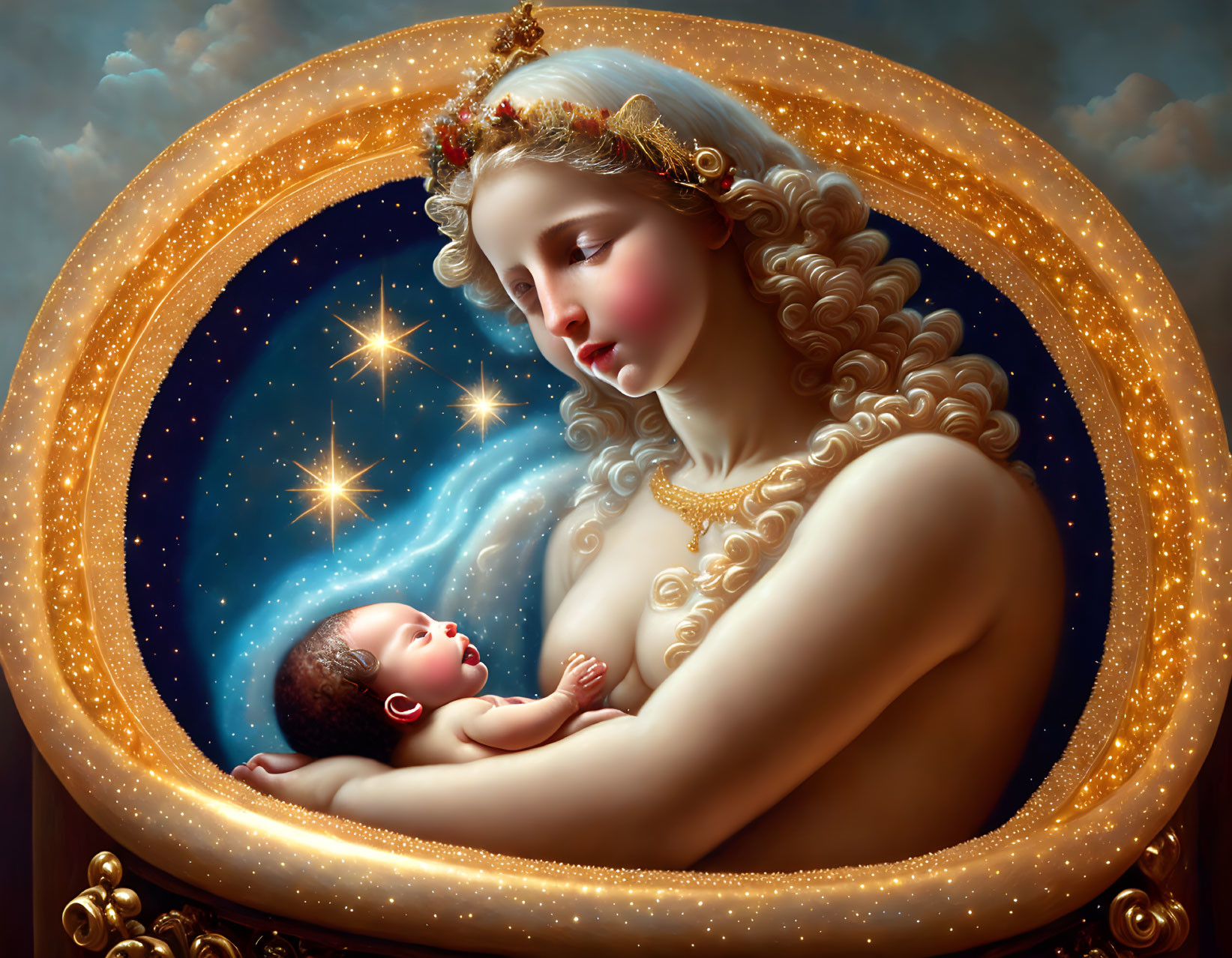 Serene woman holding sleeping baby in cosmic setting