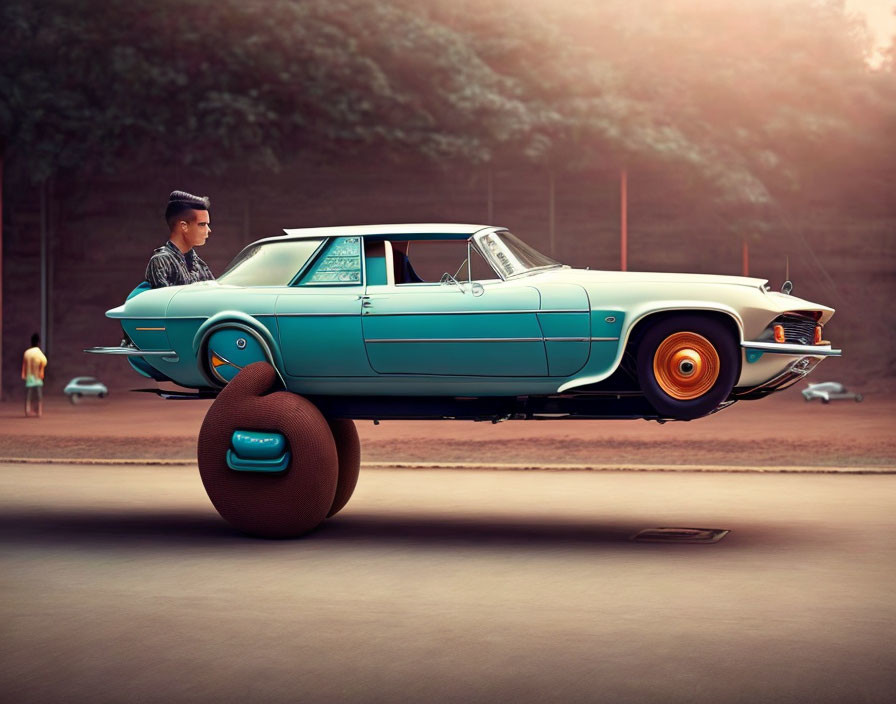 Person on Vintage Car with Futuristic Wheels Cruising Above Tree-Lined Road