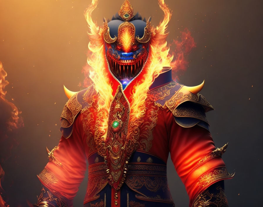 Fantasy character with ornate helmet and armor in fiery setting