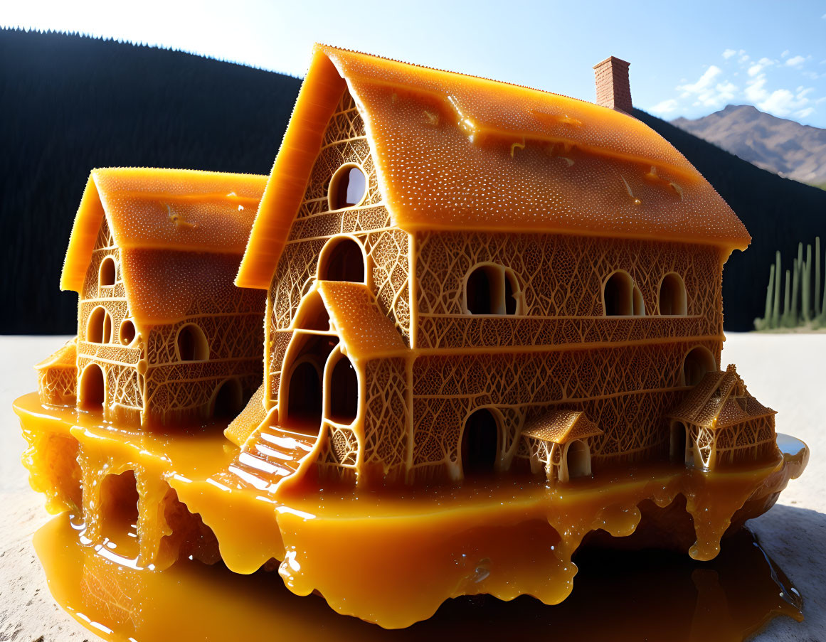 Detailed miniature houses melting under bright sunlight against a blue sky and mountains.