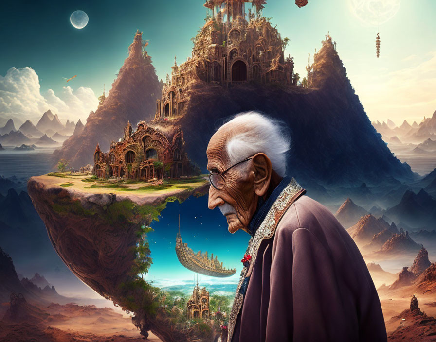 Elderly man profile with floating island and elaborate structures in serene landscape