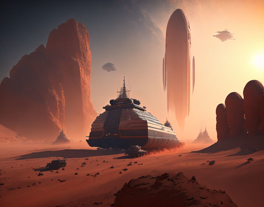 Massive spaceship landed on desert planet with hovering ships amid rock formations