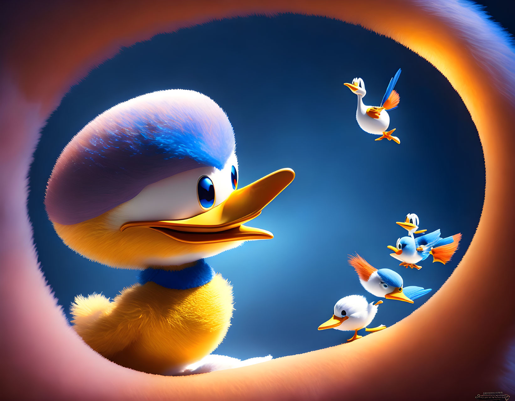 Cartoon duckling with blue hat listens to small birds in warm glow