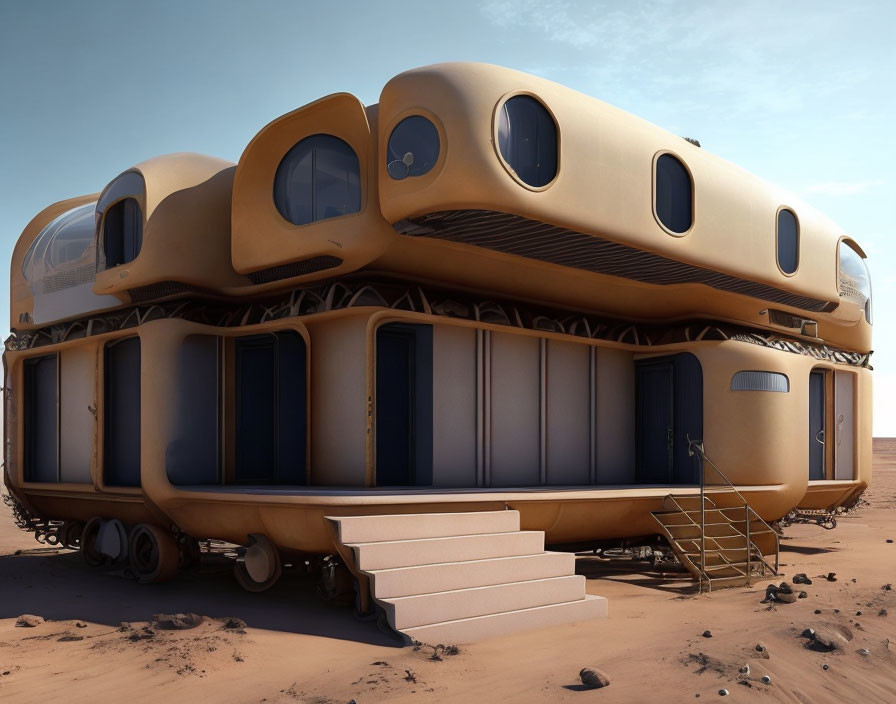 Beige modular mobile habitat on caterpillar tracks in desert