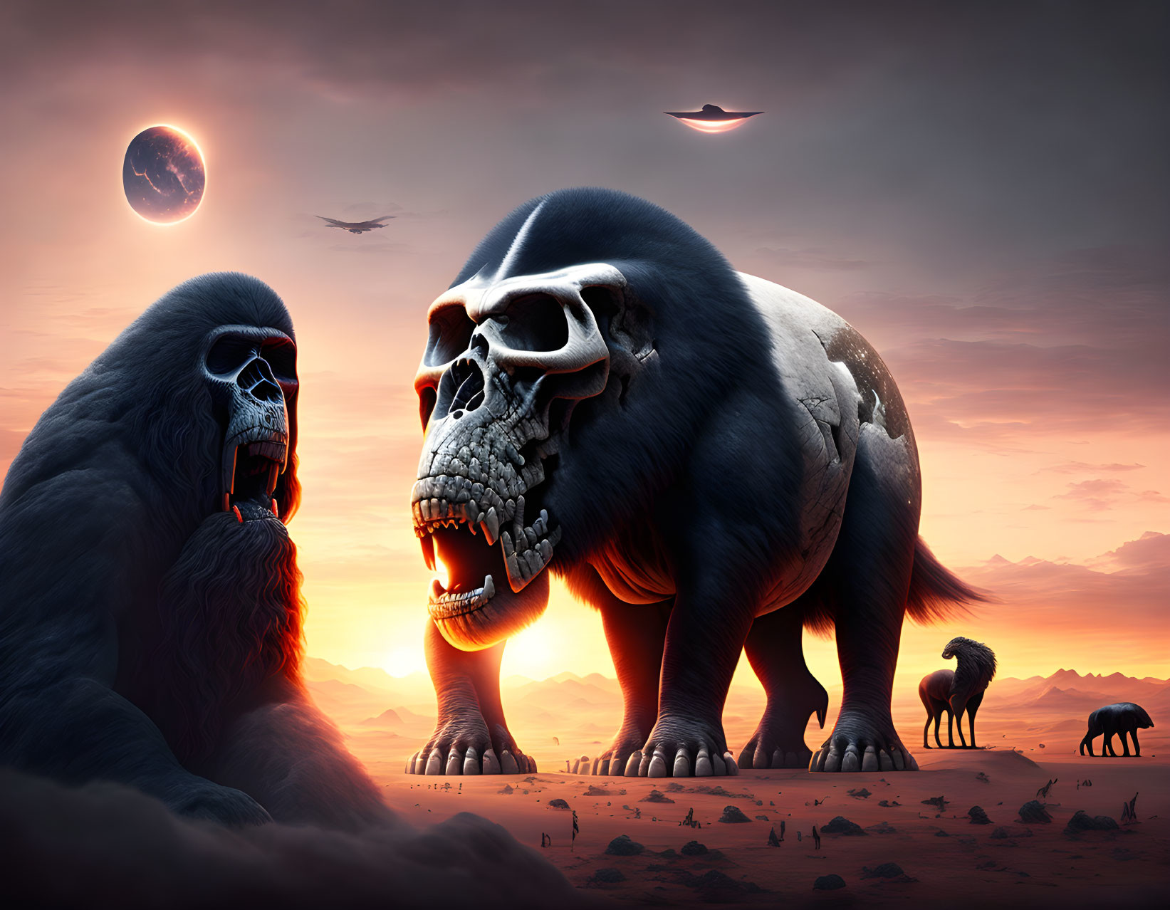 Surreal artwork: Giant gorillas with exposed skeletons in desert twilight