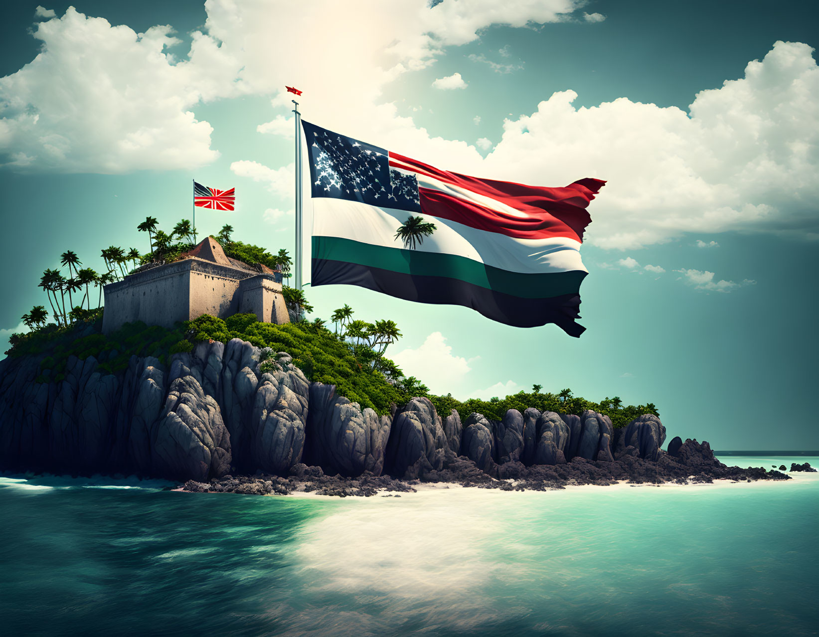 Digitally created American flag morphs into smaller flags above tropical island fort