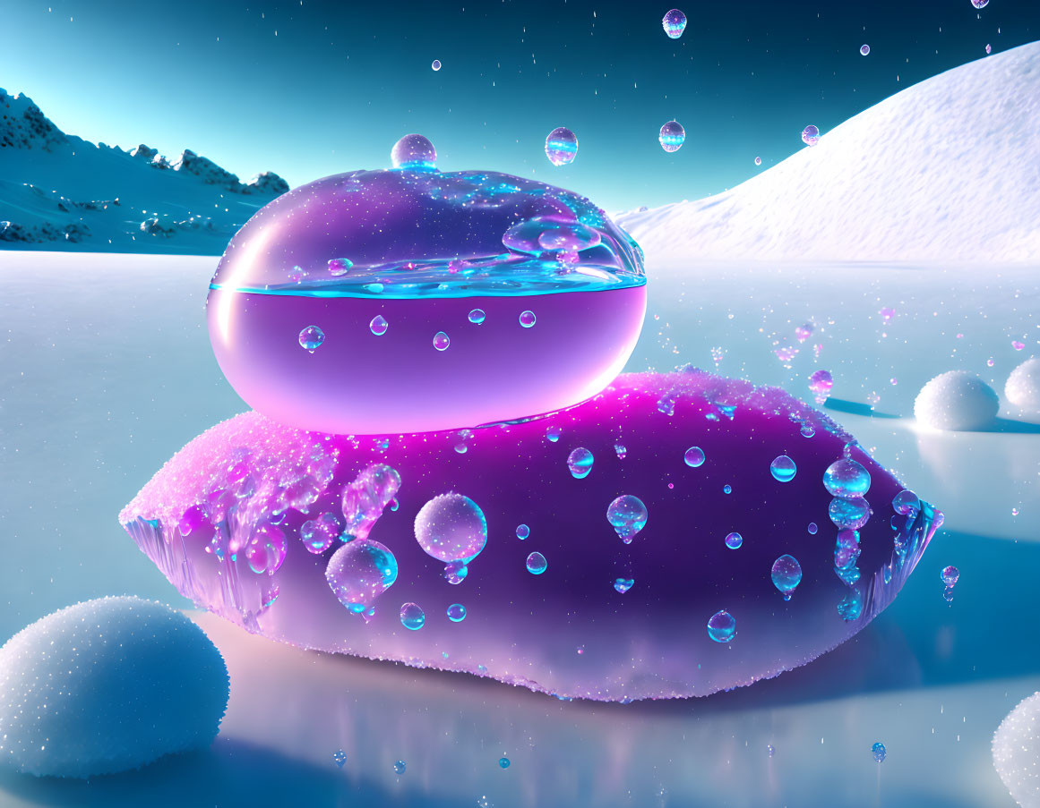 Luminescent purple and pink Macaron-like object with bubbles in snowy twilight landscape