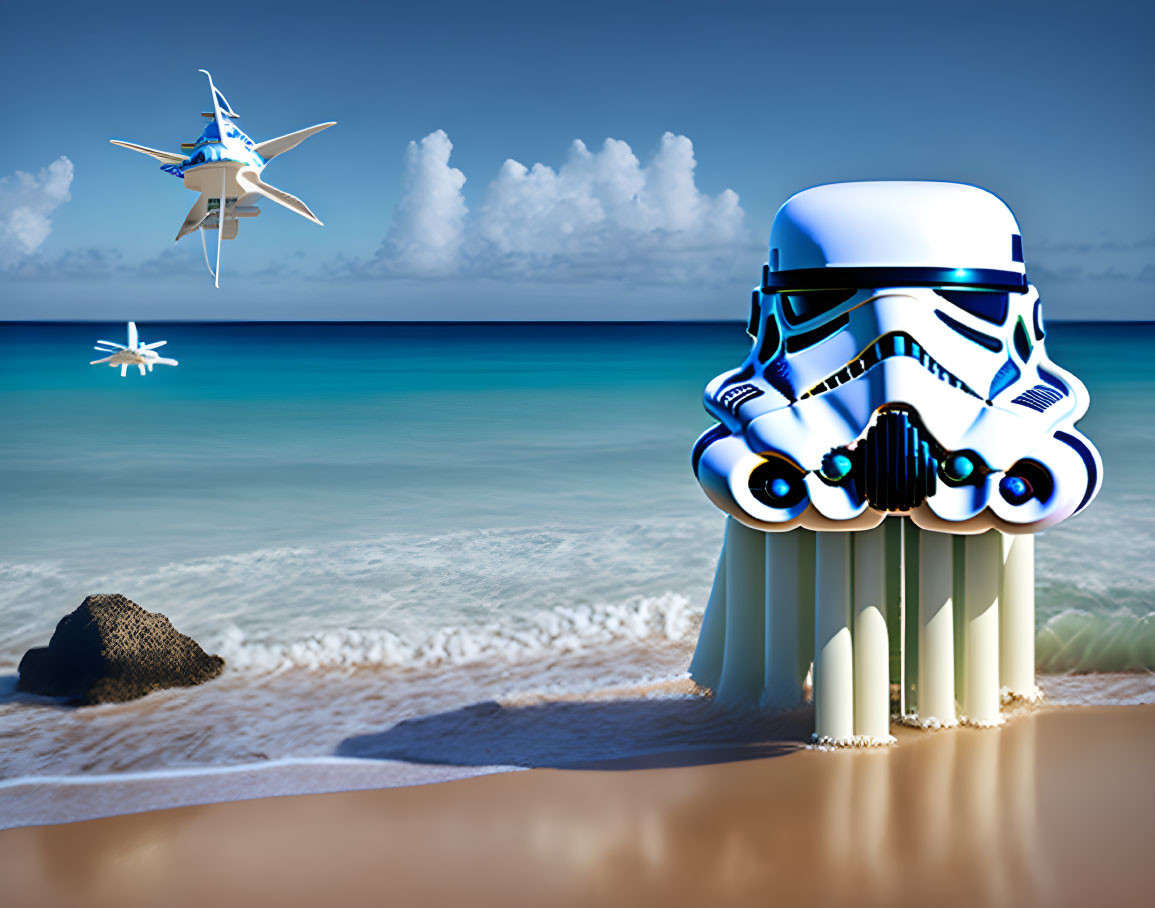 Stormtrooper helmet on beach with starfighters reflected in visor against clear sky and ocean backdrop