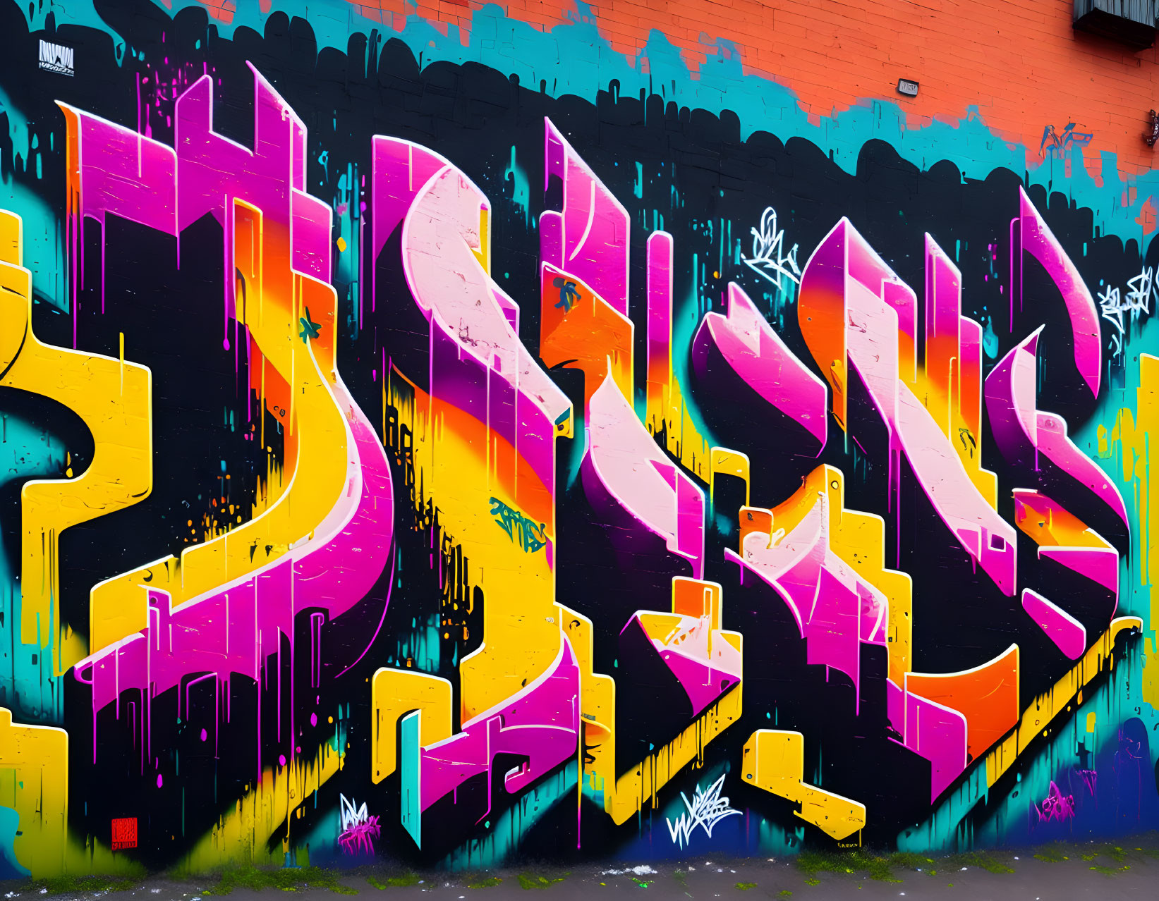 Vibrant graffiti wall art with abstract lettering in yellow, purple, orange, blue, and