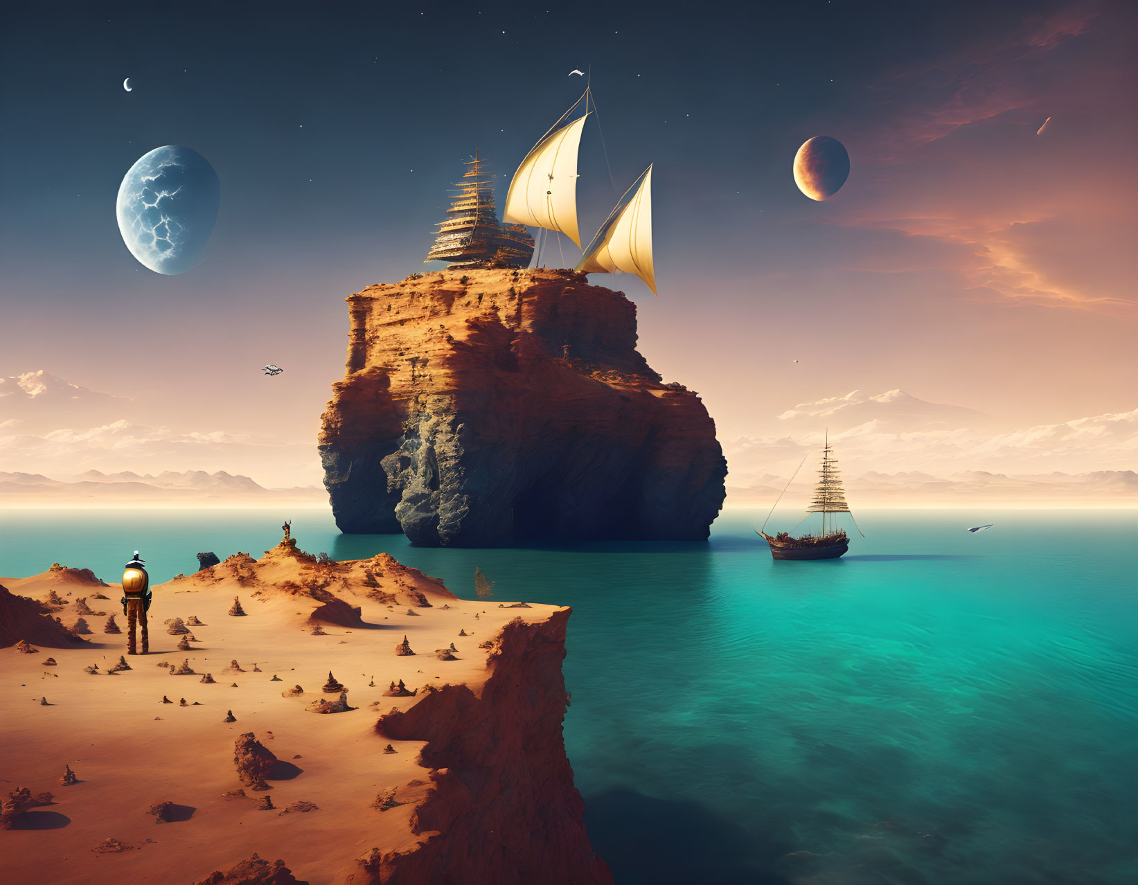 Fantasy seascape with ship-sailed rock formation and planets in sky