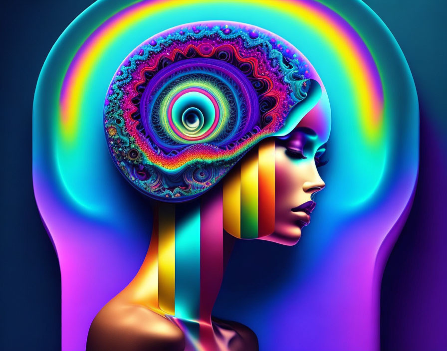 Colorful Woman Profile with Psychedelic Patterns Symbolizing Creativity