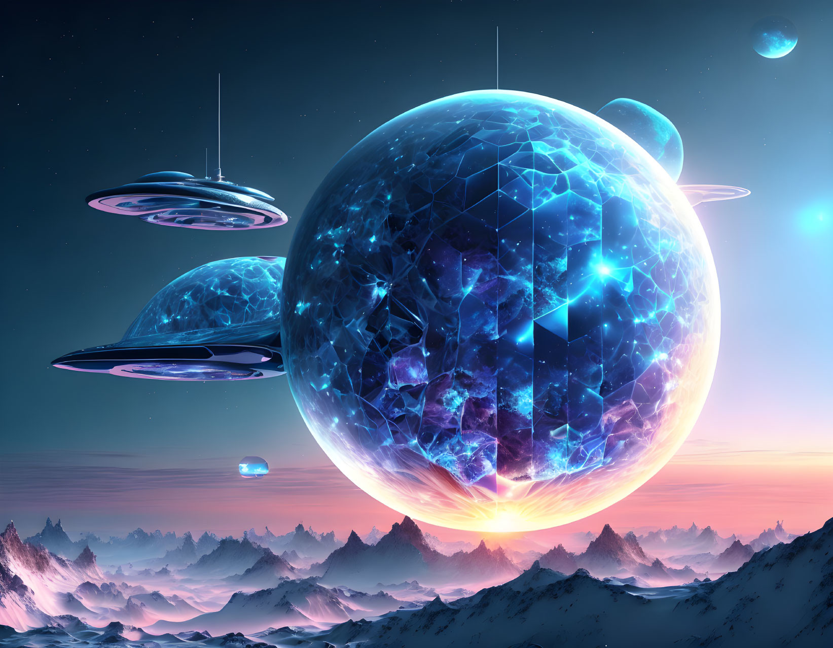 Futuristic landscape with glowing planet, UFOs, and snowy mountains