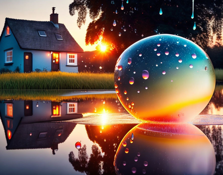 Colorful Glass Orb with Droplets on Reflective Surface and Sunset Background