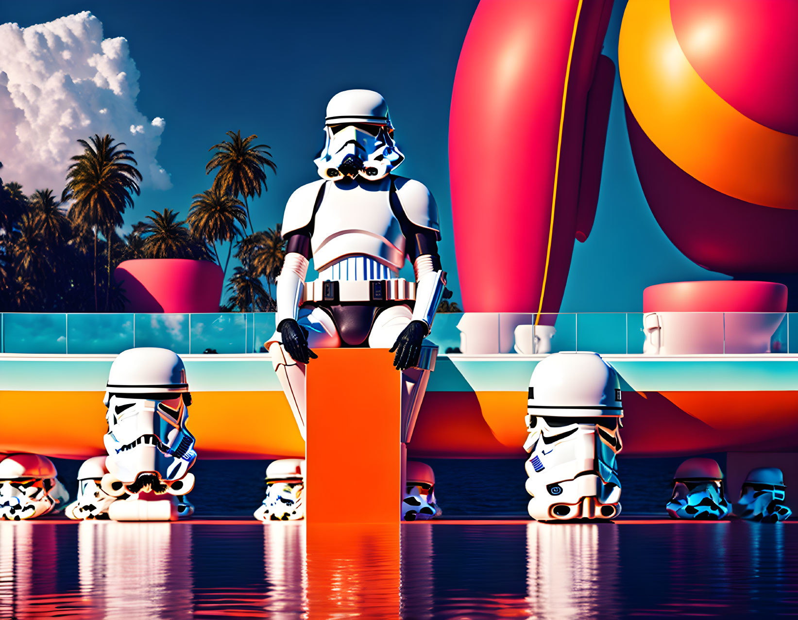 Stormtrooper Figure on Diving Board with Beach Balls and Tropical Trees in Background