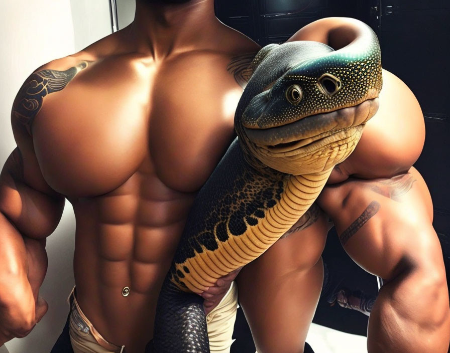 Muscular person with python and tattoos.