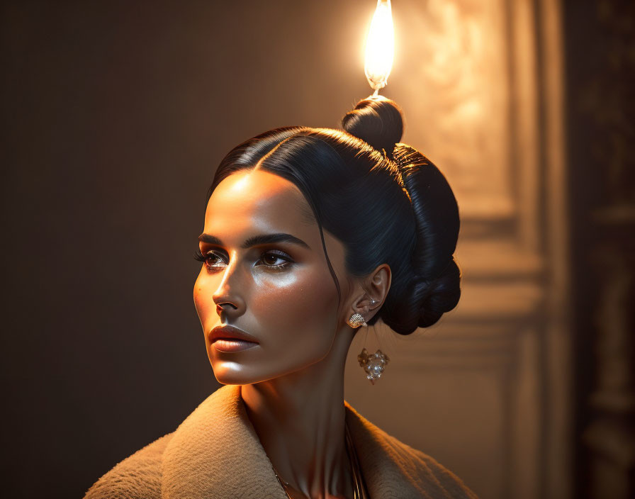 Woman with sleek bun hairstyle and elegant earrings in warm candlelight