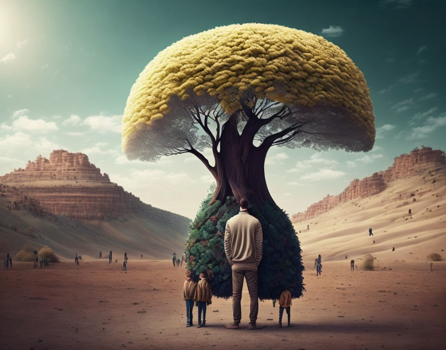 Man, children, and sheep by large yellow tree in desert landscape.