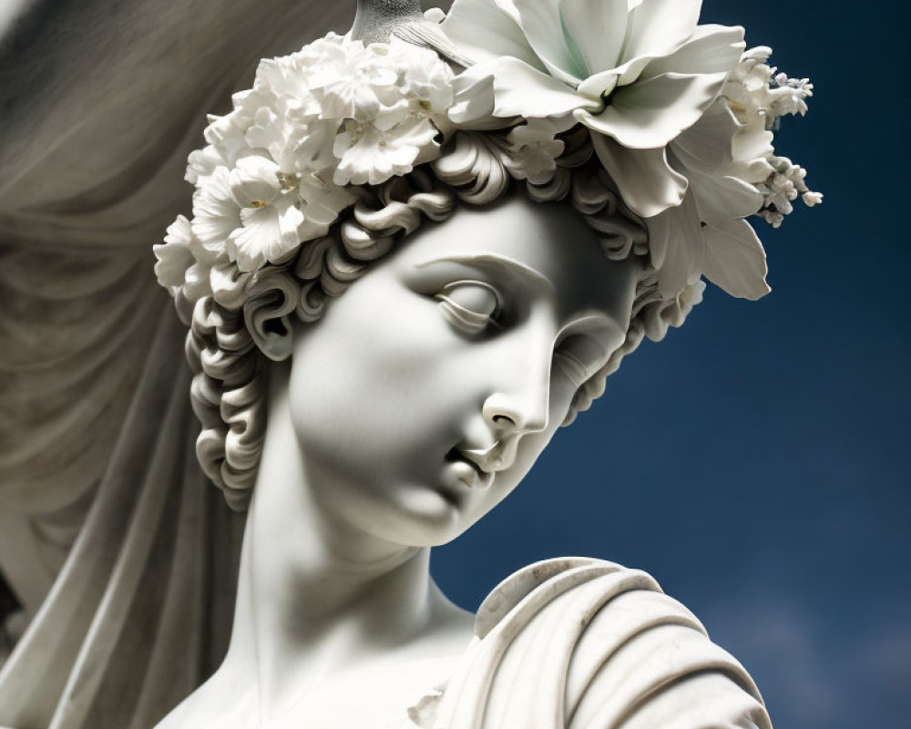 White Marble Statue of Woman with Flower Garland and Bird Against Blue Sky