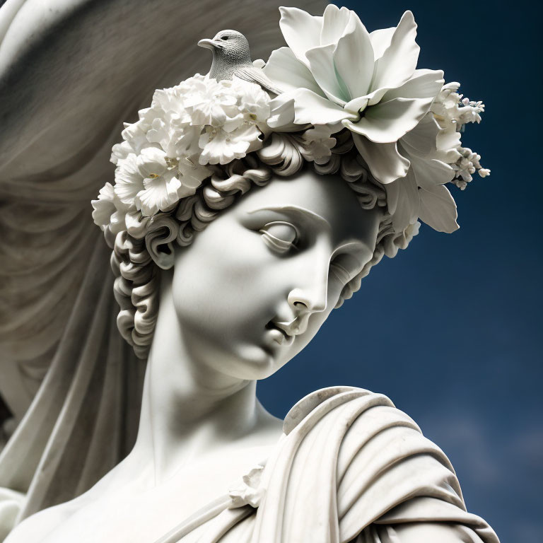 White Marble Statue of Woman with Flower Garland and Bird Against Blue Sky