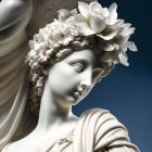 White Marble Statue of Woman with Flower Garland and Bird Against Blue Sky