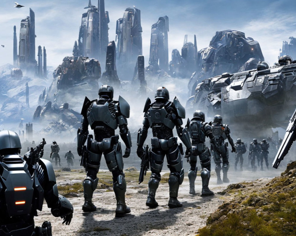 Futuristic soldiers in armor on desolate battleground with robots