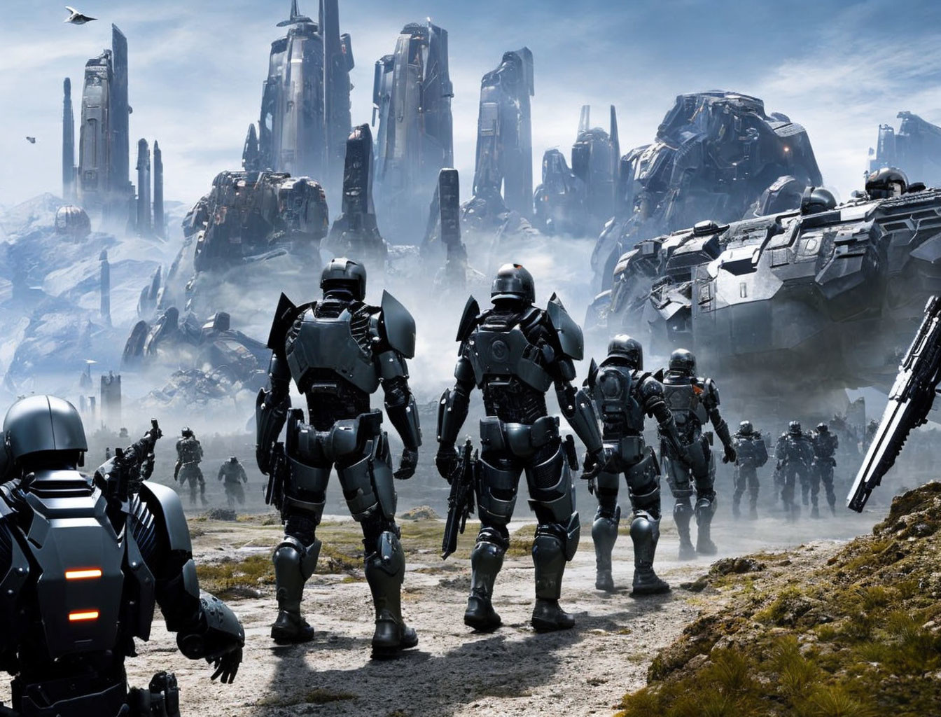 Futuristic soldiers in armor on desolate battleground with robots