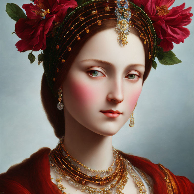 Portrait of Woman with Serene Expression and Jeweled Headpiece