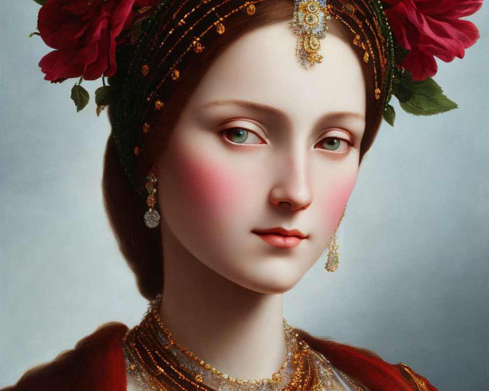 Portrait of Woman with Serene Expression and Jeweled Headpiece