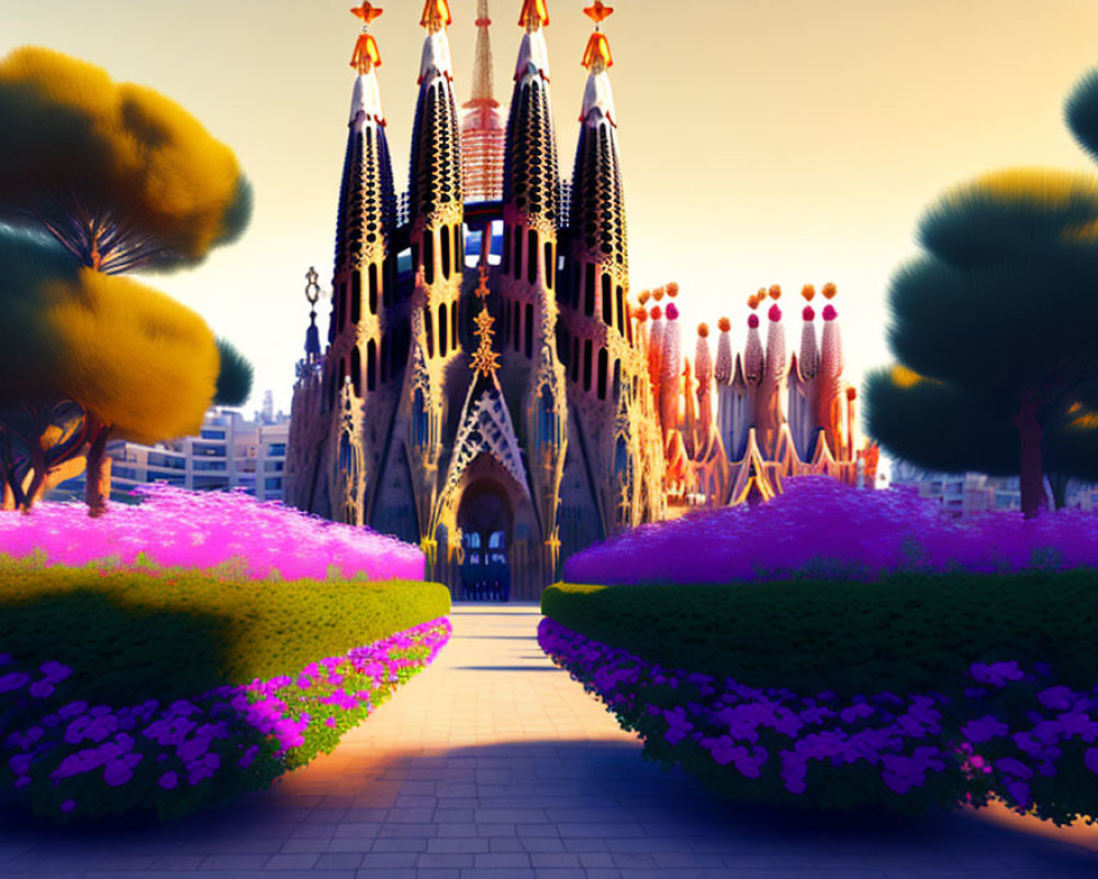 Colorful digital artwork of Sagrada Familia at dusk with illuminated spires and stylized nature