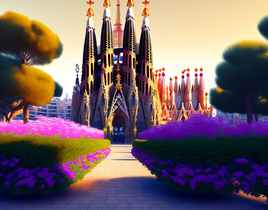 Colorful digital artwork of Sagrada Familia at dusk with illuminated spires and stylized nature