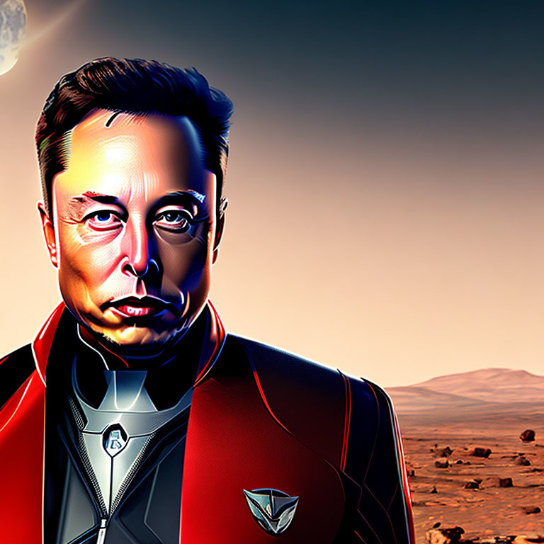 Digital portrait of a man in futuristic suit against desert backdrop