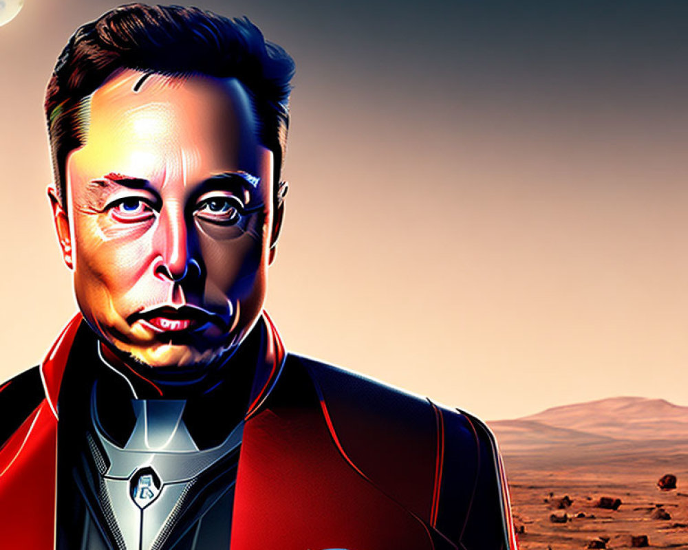 Digital portrait of a man in futuristic suit against desert backdrop