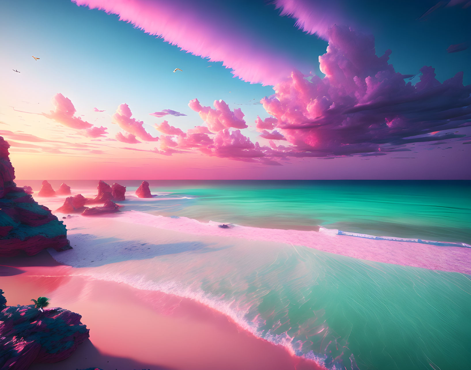 Scenic beach sunset with pink clouds, turquoise water, sandy shore, rocks, and birds.