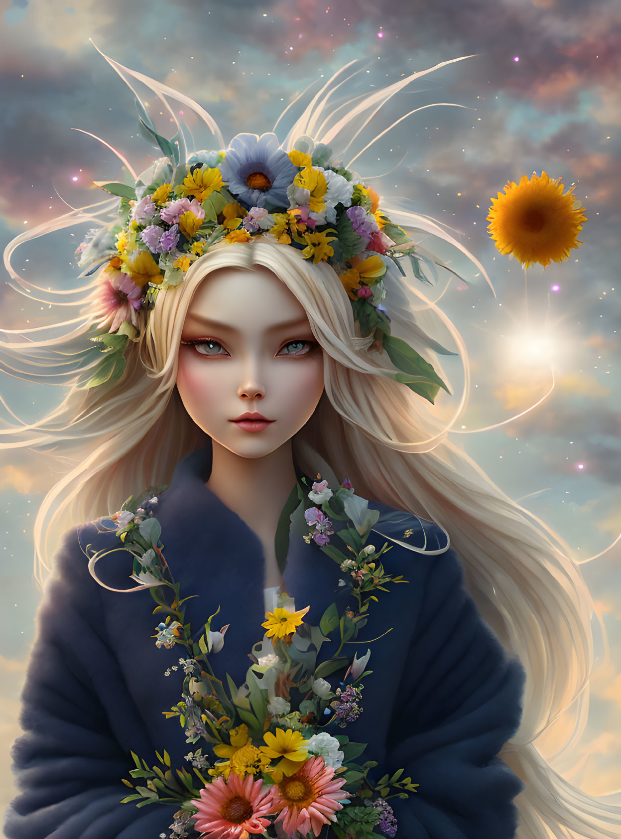 Blonde-haired figure with floral crown in dreamy sky