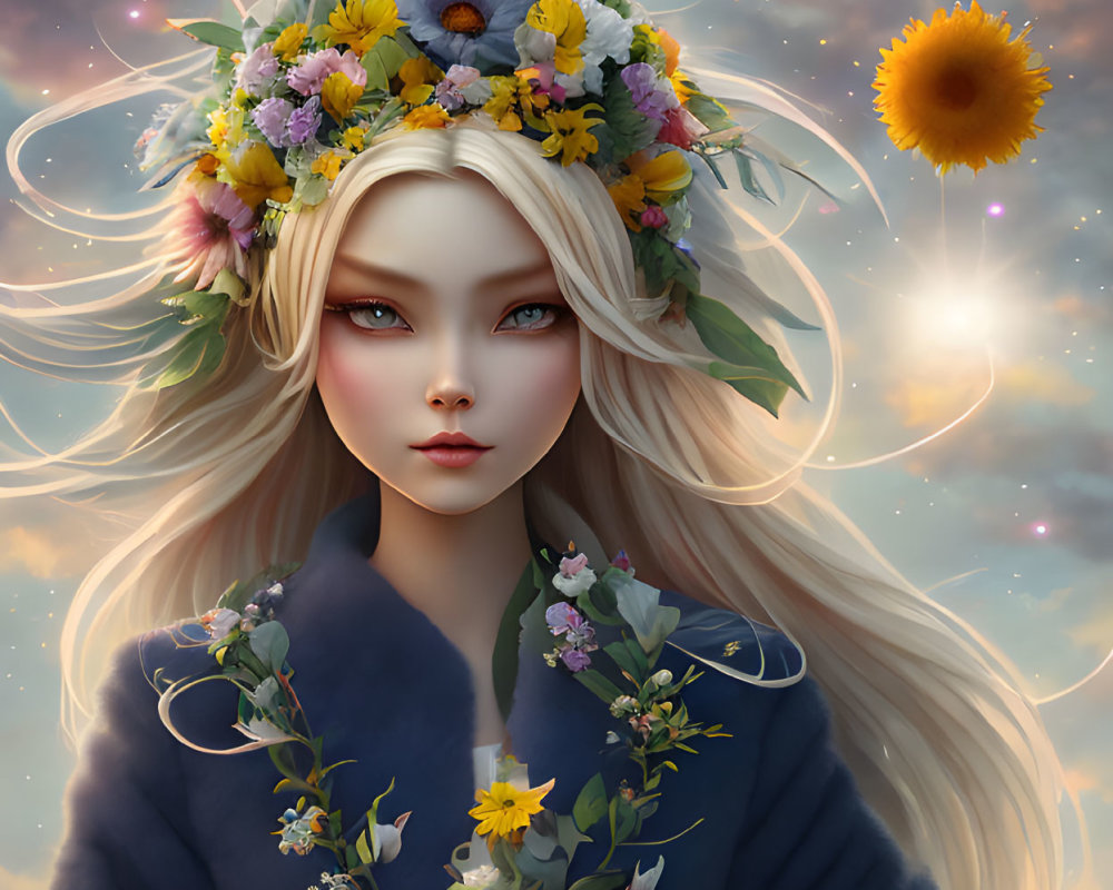 Blonde-haired figure with floral crown in dreamy sky