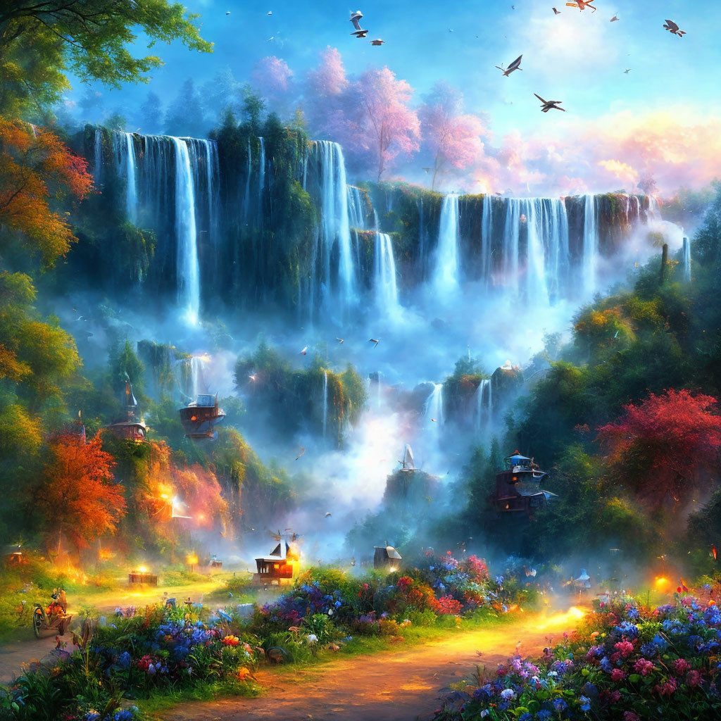 Majestic waterfall in vibrant fantasy landscape