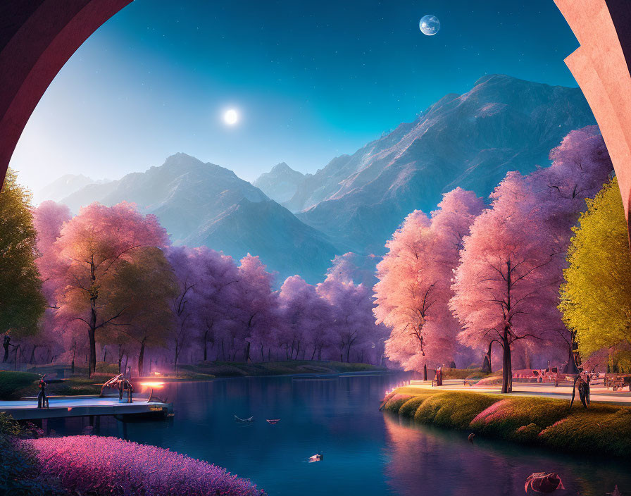 Tranquil Fantasy Landscape with Pink Foliage, Calm Lake, Mountains, and Two Mo